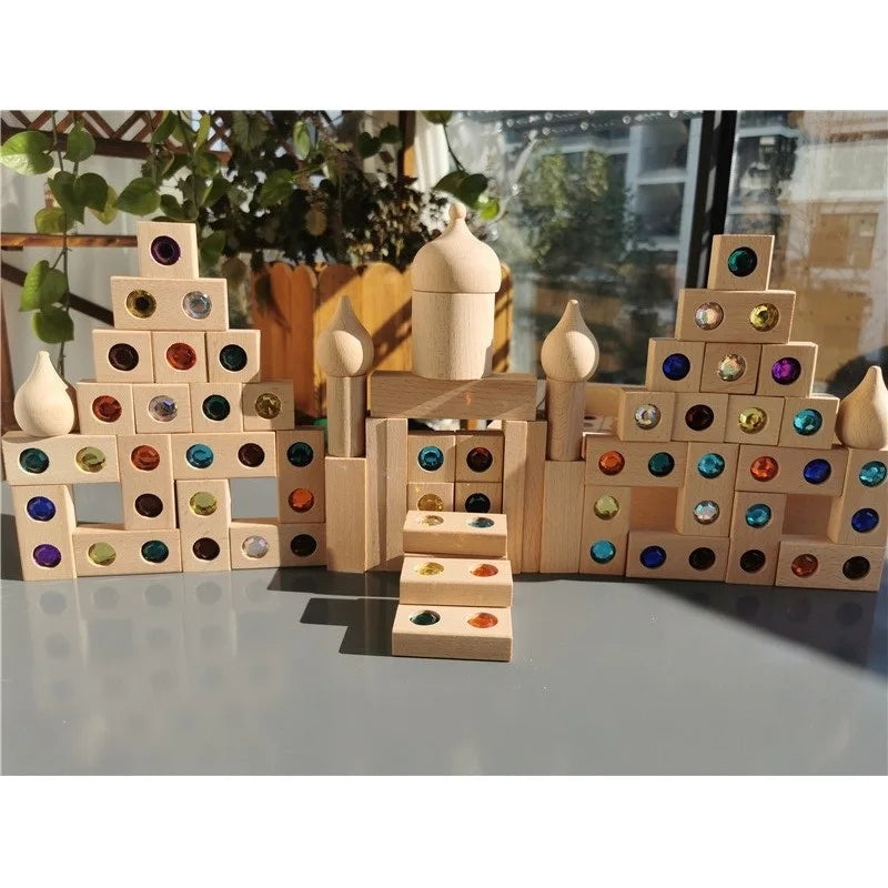 Kids Acrylic Sparkling Stones Wooden Gemstone Street Blocks Wood Montessori Toy Rainbow Crystal Diamond Bricks Building Play