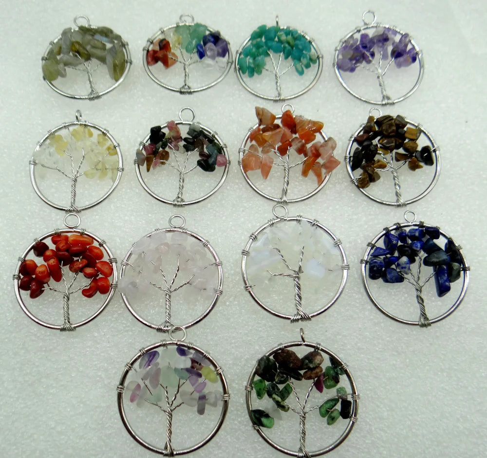 30MM Natural stone Quartz Crystal Amethyst lapis 7 Chakra Reiki Healing Tree of Life Pendant Diy Jewelry making necklace10Pcs