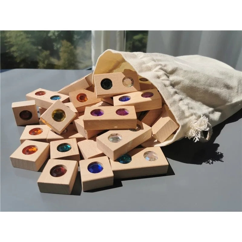 Kids Acrylic Sparkling Stones Wooden Gemstone Street Blocks Wood Montessori Toy Rainbow Crystal Diamond Bricks Building Play