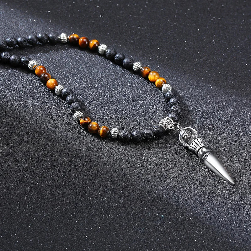 TIBETAN BUDDHIST PHURBA KILAYA THE MAGIC DAGGER WITHTIGER’S EYE LAVA STONE NECKLACE FOR MEN JEWELRY