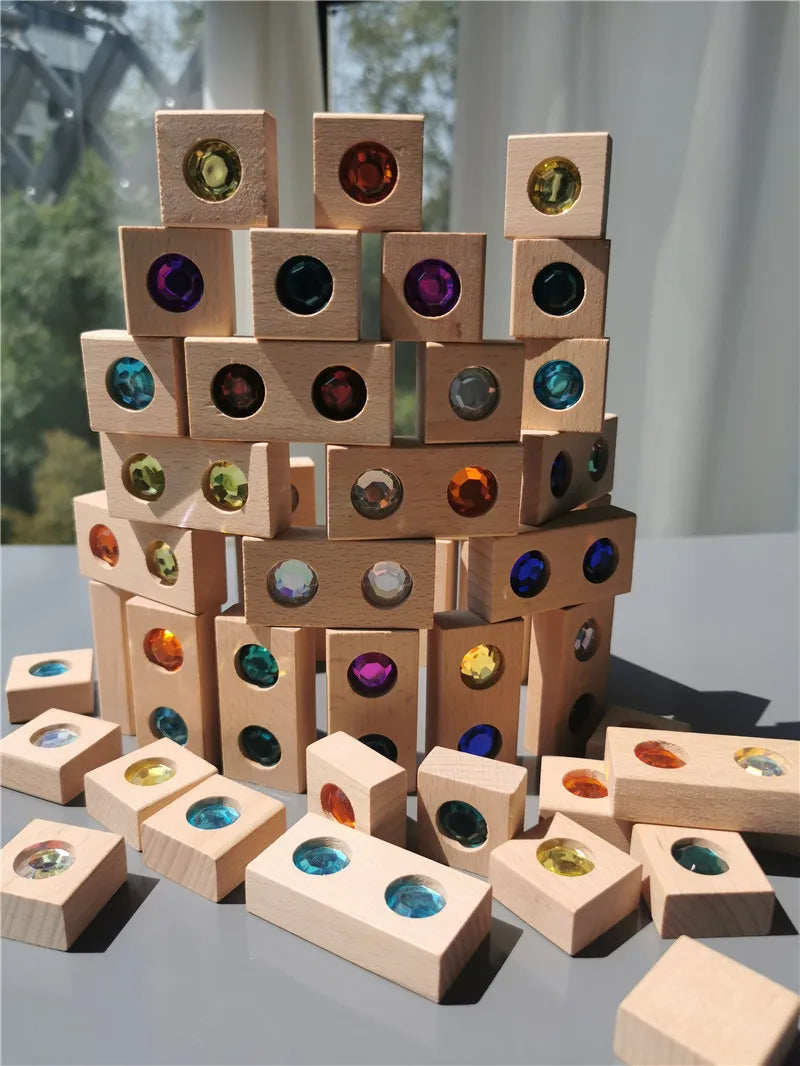 Kids Acrylic Sparkling Stones Wooden Gemstone Street Blocks Wood Montessori Toy Rainbow Crystal Diamond Bricks Building Play