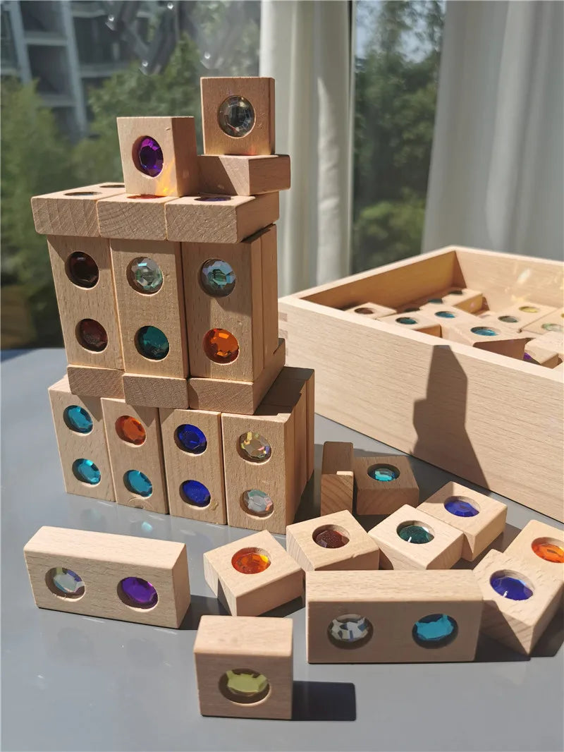 Kids Acrylic Sparkling Stones Wooden Gemstone Street Blocks Wood Montessori Toy Rainbow Crystal Diamond Bricks Building Play