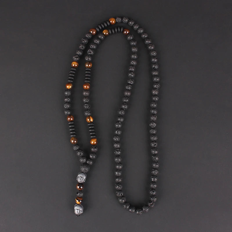 New Vintage Natural Tiger-eye Stone Black Lava Beads Buddha Head Pendant Necklace for Men Hnadmade Jewelry N012