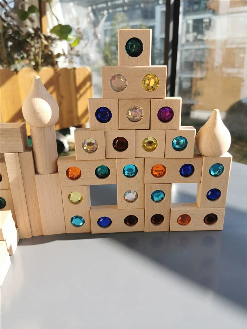 Kids Acrylic Sparkling Stones Wooden Gemstone Street Blocks Wood Montessori Toy Rainbow Crystal Diamond Bricks Building Play