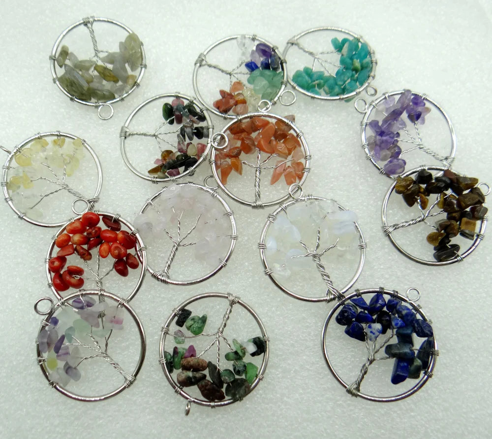 30MM Natural stone Quartz Crystal Amethyst lapis 7 Chakra Reiki Healing Tree of Life Pendant Diy Jewelry making necklace10Pcs