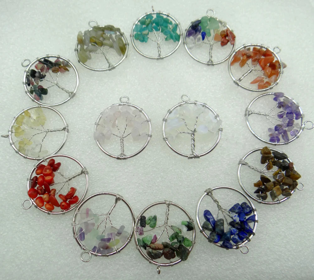 30MM Natural stone Quartz Crystal Amethyst lapis 7 Chakra Reiki Healing Tree of Life Pendant Diy Jewelry making necklace10Pcs