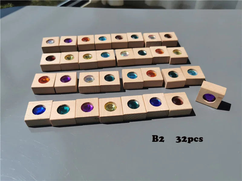 Kids Acrylic Sparkling Stones Wooden Gemstone Street Blocks Wood Montessori Toy Rainbow Crystal Diamond Bricks Building Play