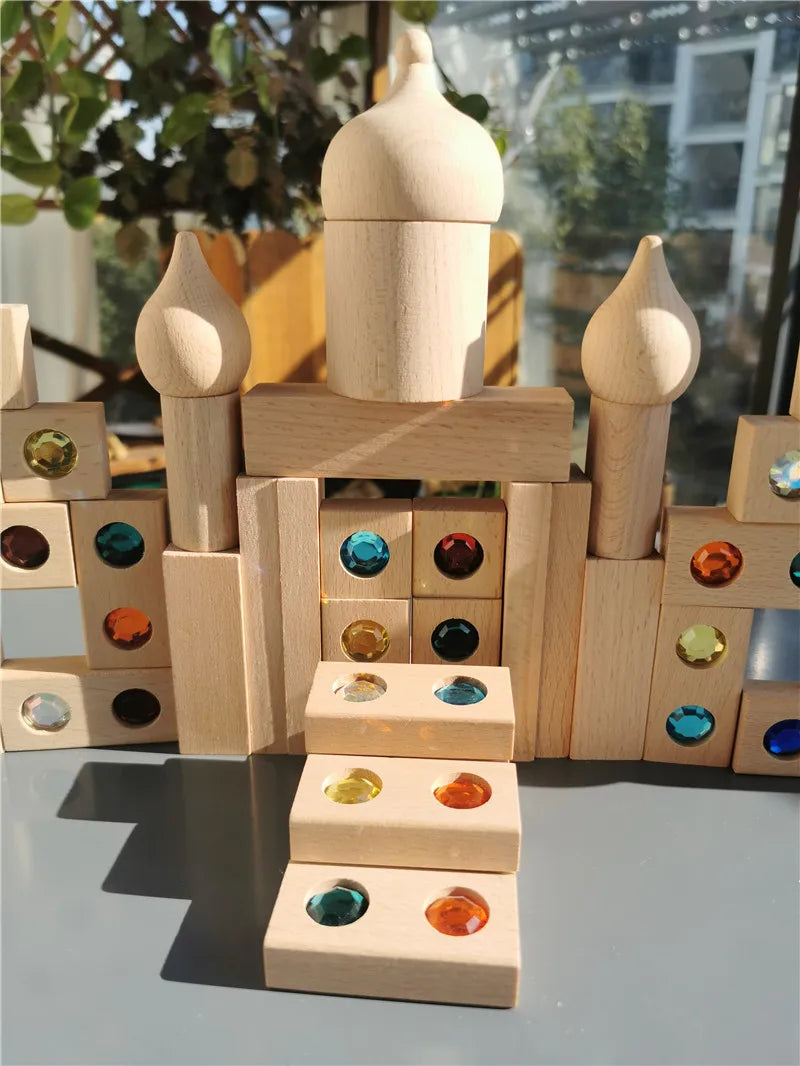 Kids Acrylic Sparkling Stones Wooden Gemstone Street Blocks Wood Montessori Toy Rainbow Crystal Diamond Bricks Building Play