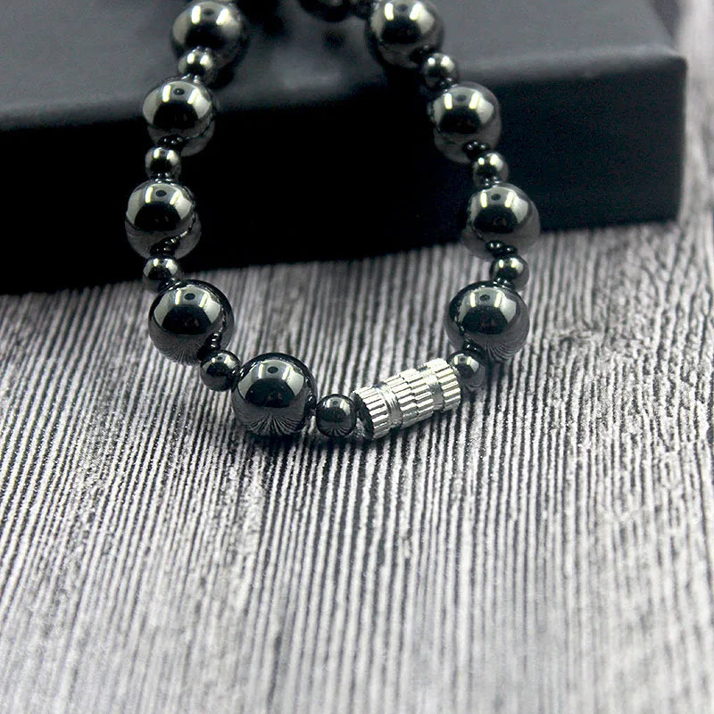 Magnetic Hematite Stone 8mm Round Beads Beaded Necklace Healing Therapy Black Jewlery for Men and Women HN023