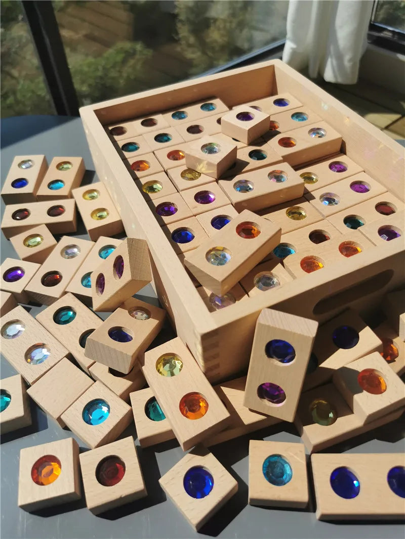 Kids Acrylic Sparkling Stones Wooden Gemstone Street Blocks Wood Montessori Toy Rainbow Crystal Diamond Bricks Building Play