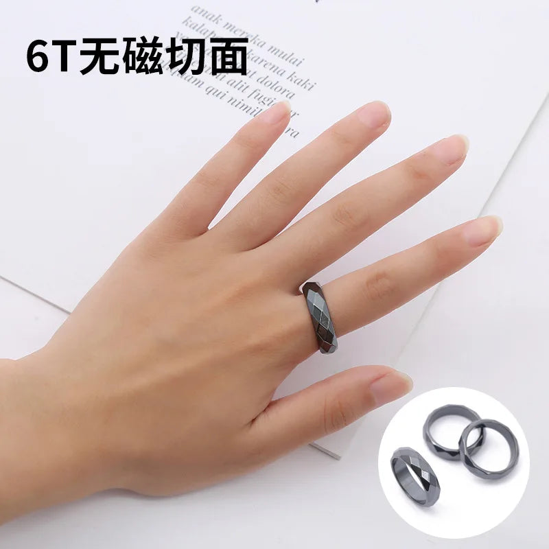 Natural Stone Hematite Ring 4T6T10T Flat Arc Black Gallstone Couple Non-magnetic Ring Health Care Radiation Protection Ring Gift