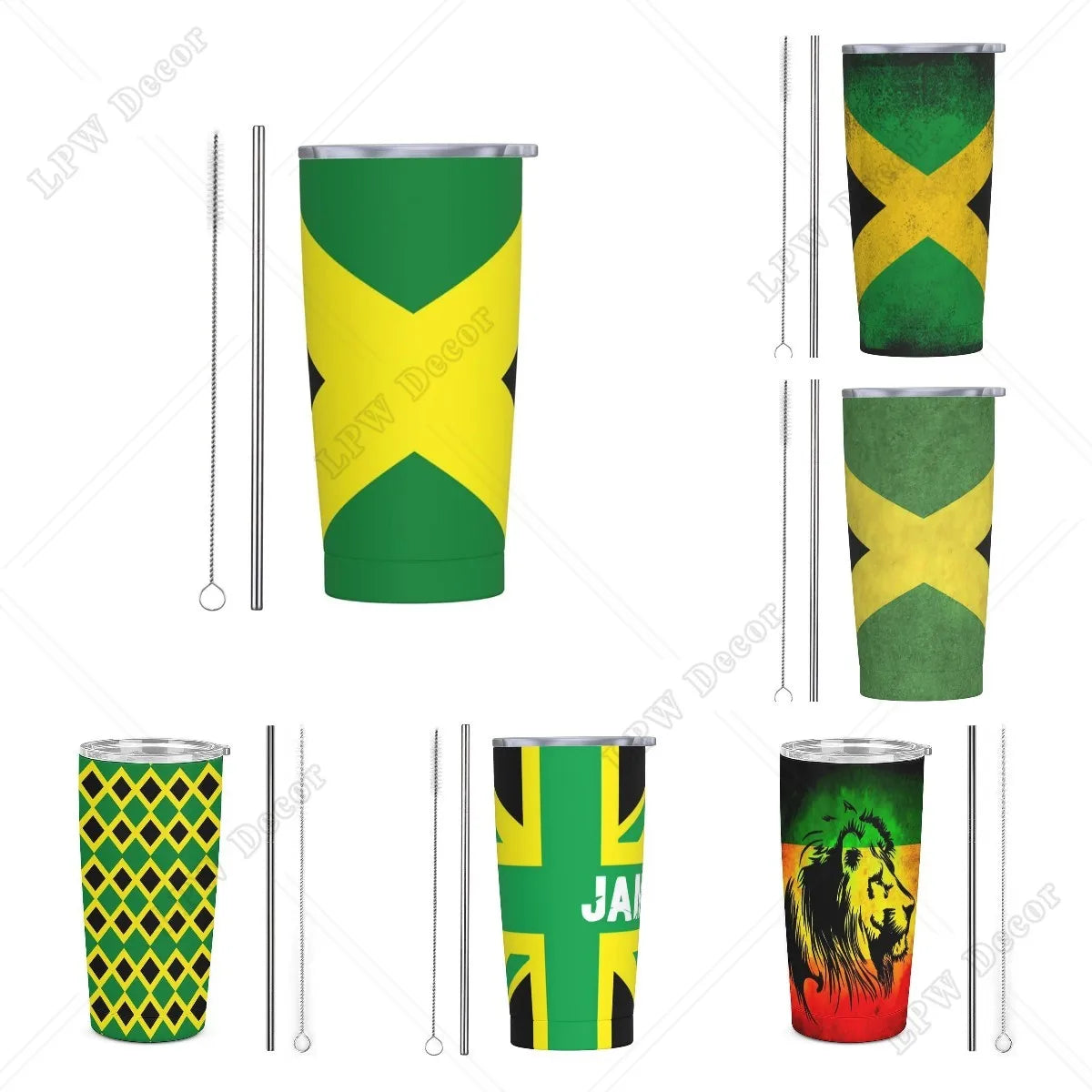 Jamaican Flag Stainless Steel Tumbler Travel Cup 20 Oz Insulated Coffee Mug with Splash Proof  Cleaning Brush for Home Outdoor