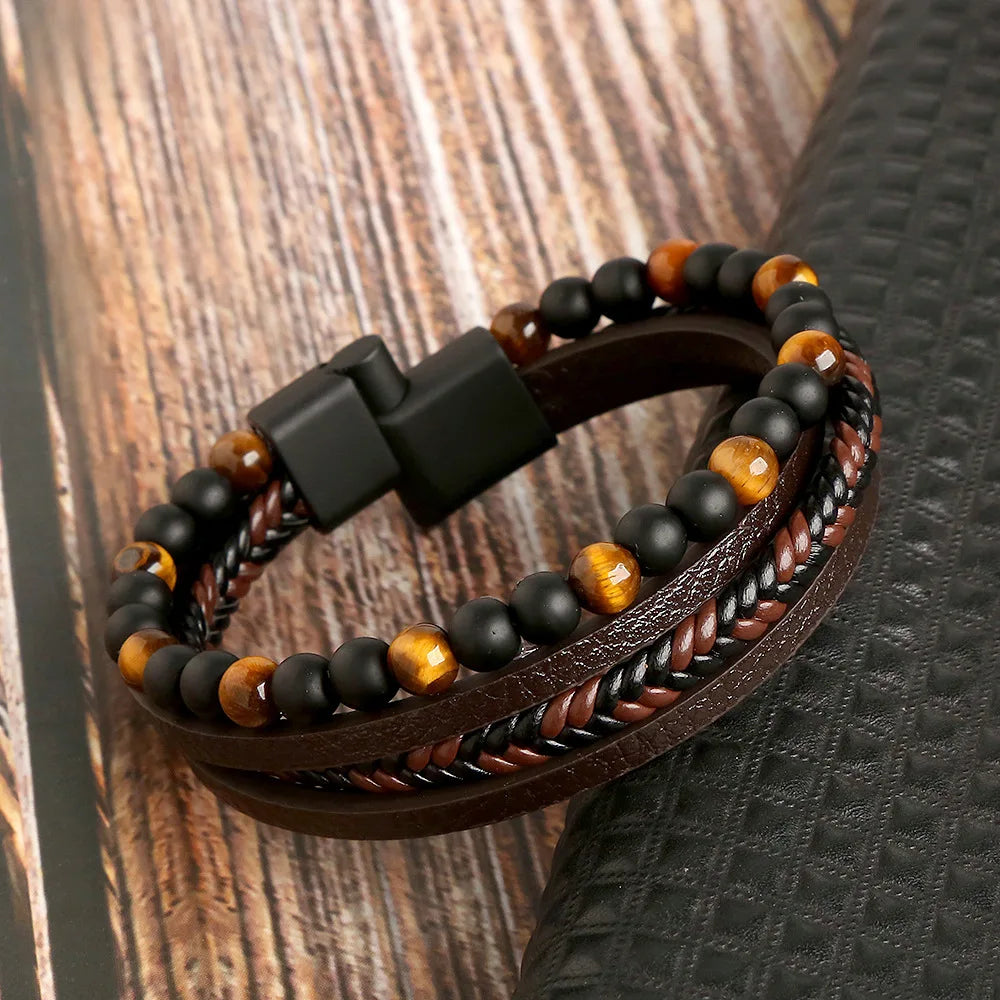 Tiger Eye Beads 4-Layer Leather Bracelets Classic Hand Braided Leather Alloy Magnetic Buckle Bracelet Men Punk Bracelet Jewelry