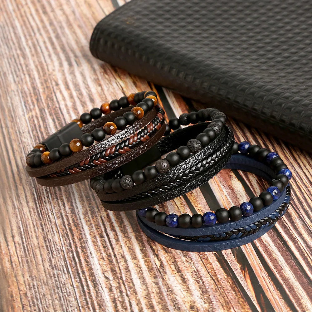 Tiger Eye Beads 4-Layer Leather Bracelets Classic Hand Braided Leather Alloy Magnetic Buckle Bracelet Men Punk Bracelet Jewelry