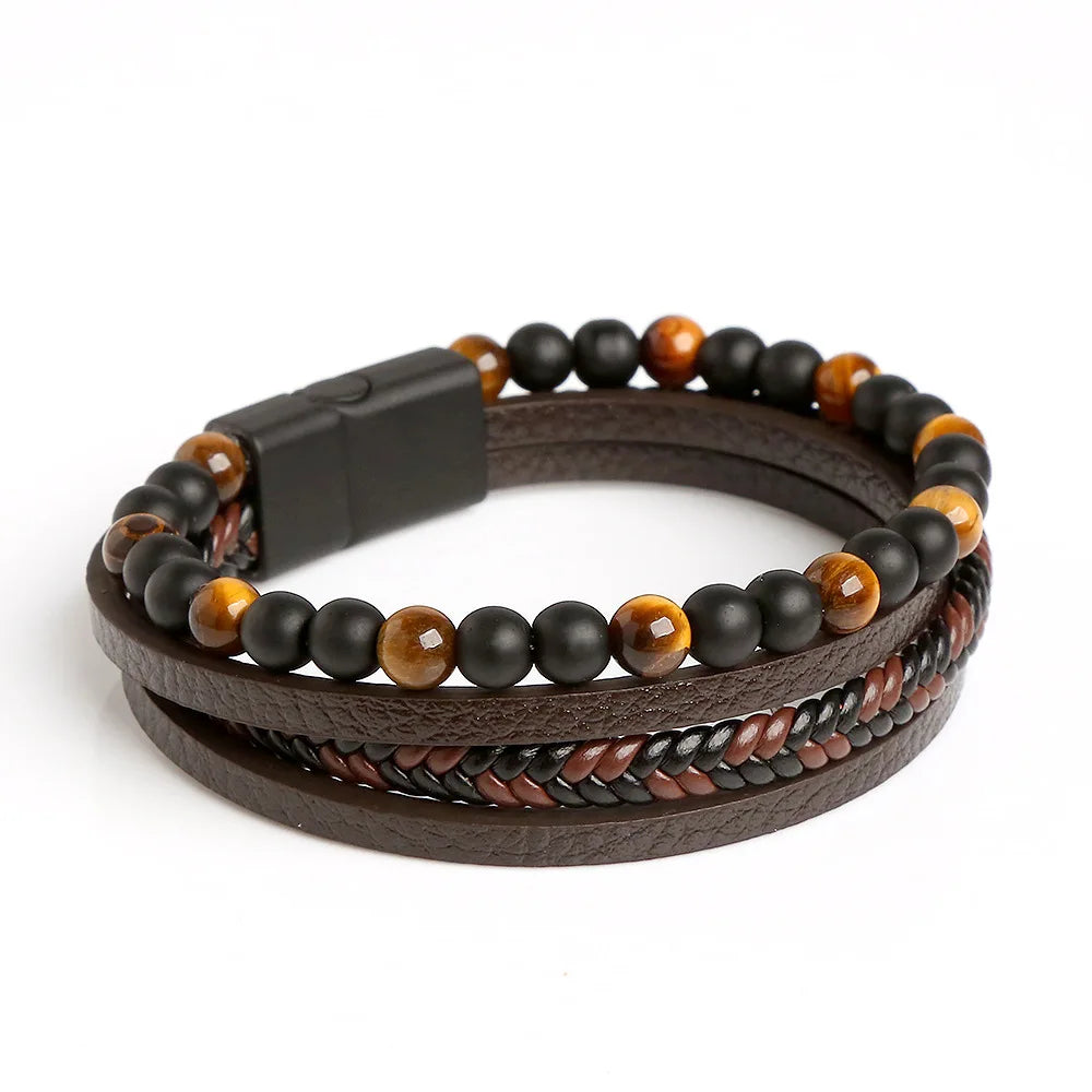 Tiger Eye Beads 4-Layer Leather Bracelets Classic Hand Braided Leather Alloy Magnetic Buckle Bracelet Men Punk Bracelet Jewelry