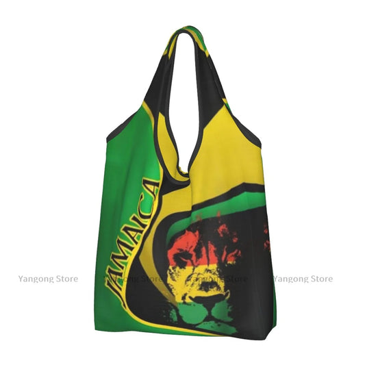 Folding Shopping Bag Jamaica Lion Reusable Portable Shoulder Handbag for Travel Grocery Pocket Tote