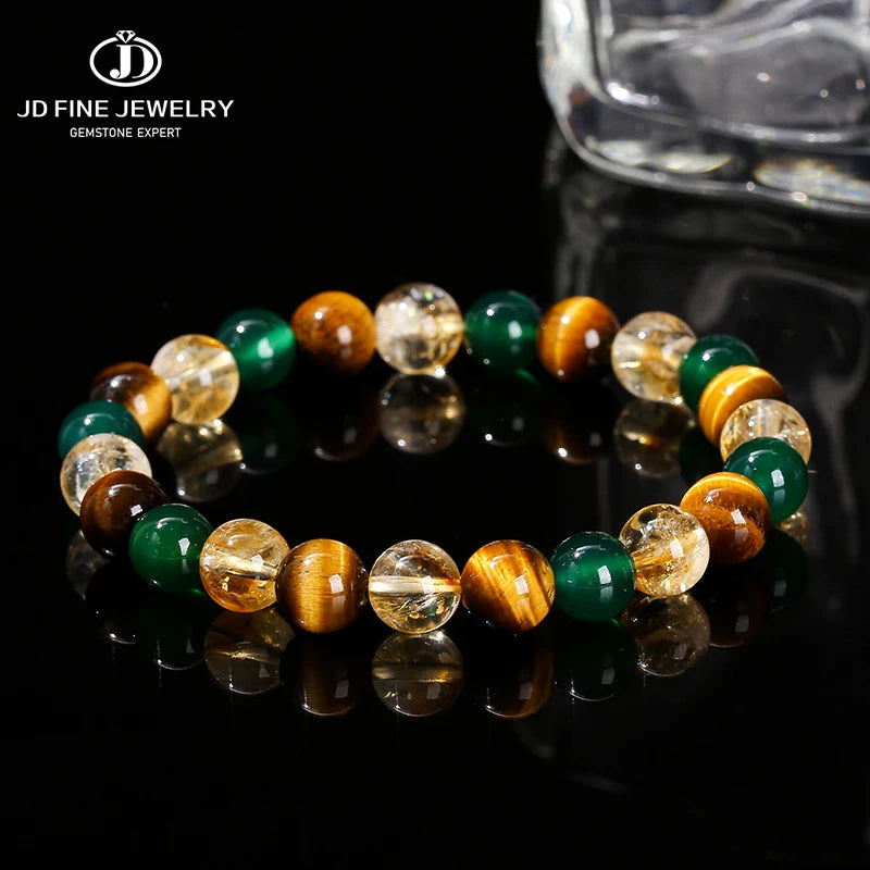 JD Natural Yellow Tiger Eye Stone Green Agate Citrine Mixed Wealth Lucky Bracelet Women Men Energy Bead Handmade Jewelry Gift