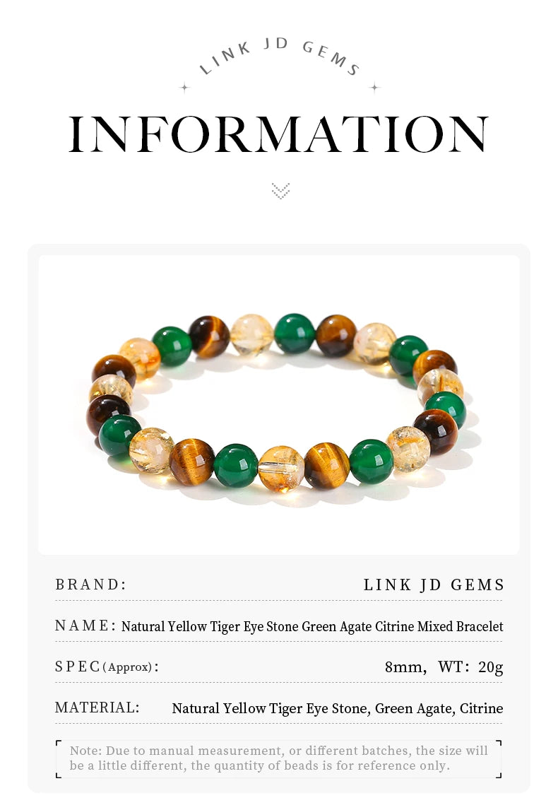 JD Natural Yellow Tiger Eye Stone Green Agate Citrine Mixed Wealth Lucky Bracelet Women Men Energy Bead Handmade Jewelry Gift