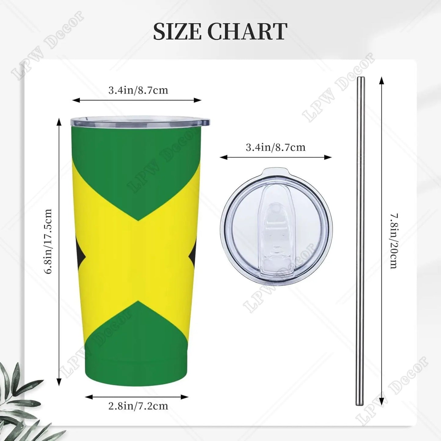 Jamaican Flag Stainless Steel Tumbler Travel Cup 20 Oz Insulated Coffee Mug with Splash Proof  Cleaning Brush for Home Outdoor