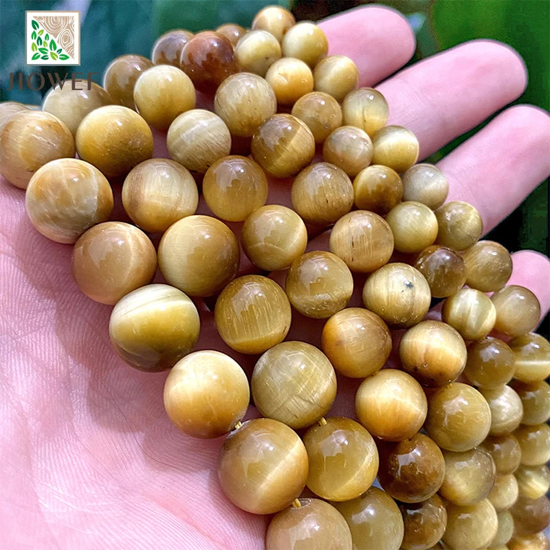 Natural Stone Smooth Gold Tiger Eye Stone Round Beads DIY Handmade Charms Bracelet for Jewelry Making 15" Chains  6 8 10 12MM