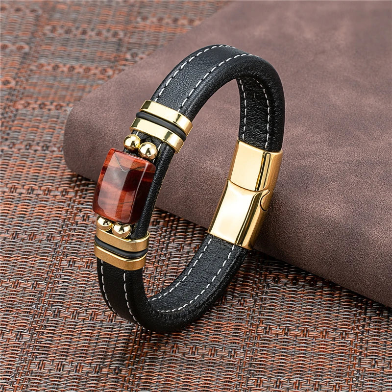 New Vintage Wind Large Semicircle Natural Tiger Eye Stainless Steel Casual Collocation Black Wide Leather Rope Men's Bracelet