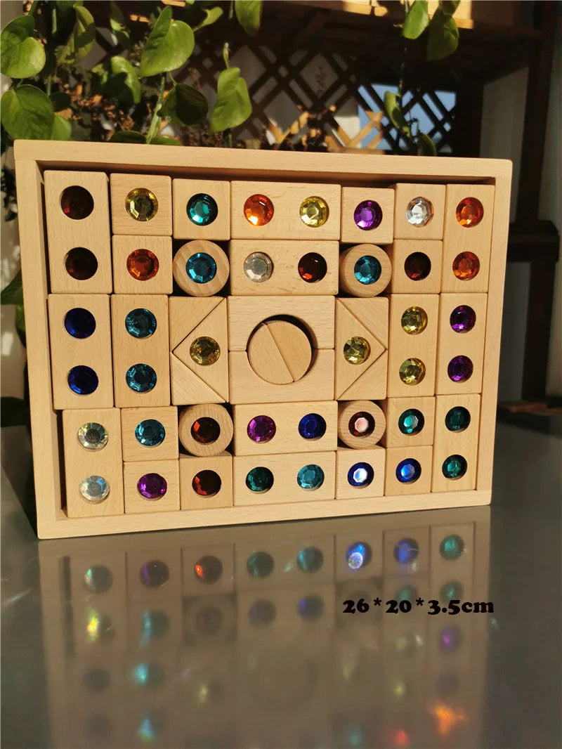 Kids Acrylic Sparkling Stones Wooden Gemstone Street Blocks Wood Montessori Toy Rainbow Crystal Diamond Bricks Building Play