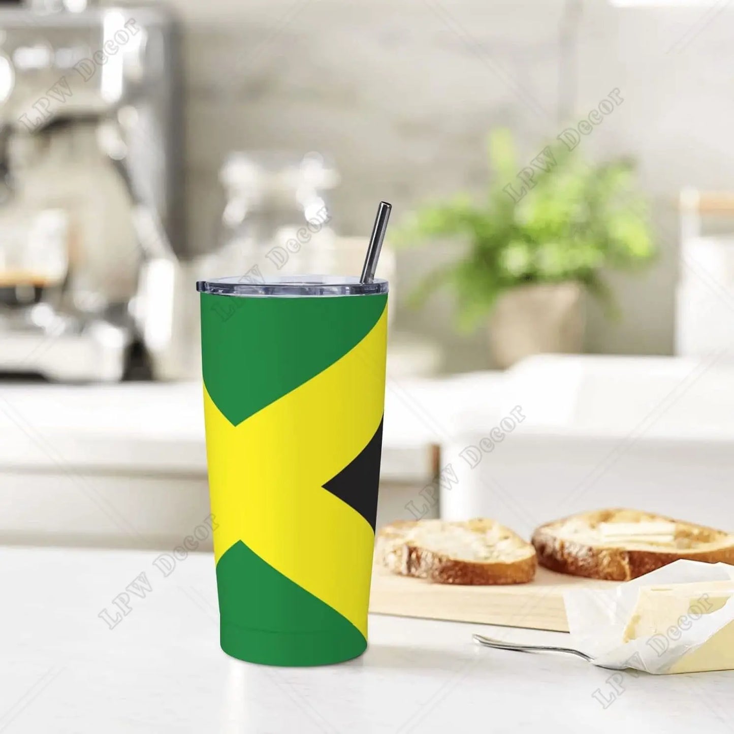 Jamaican Flag Stainless Steel Tumbler Travel Cup 20 Oz Insulated Coffee Mug with Splash Proof  Cleaning Brush for Home Outdoor