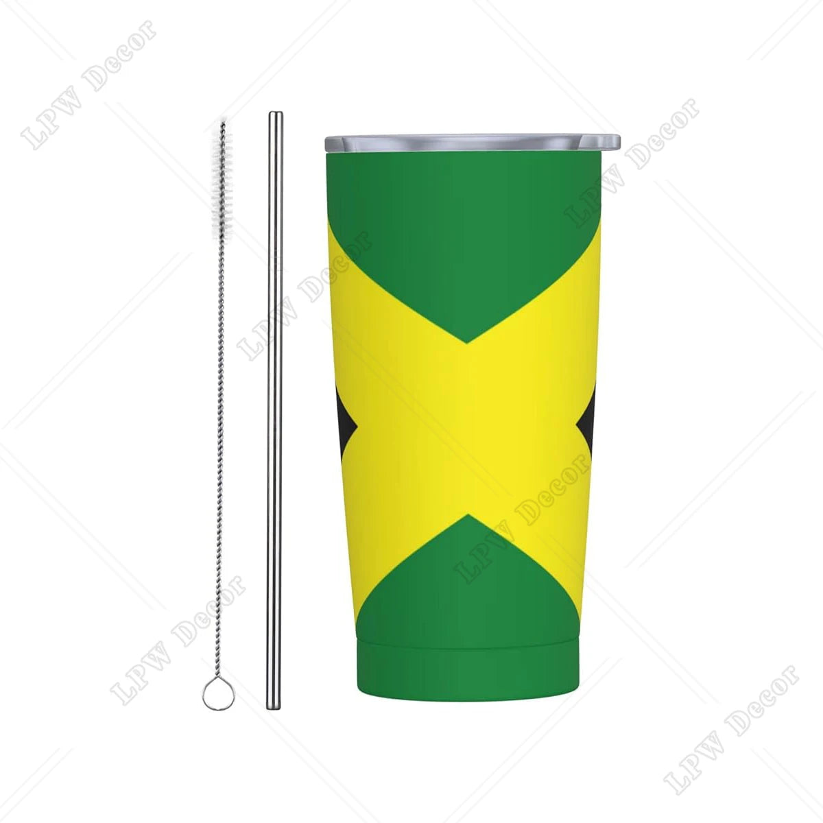 Jamaican Flag Stainless Steel Tumbler Travel Cup 20 Oz Insulated Coffee Mug with Splash Proof  Cleaning Brush for Home Outdoor