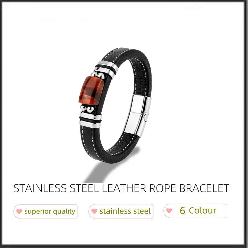 New Vintage Wind Large Semicircle Natural Tiger Eye Stainless Steel Casual Collocation Black Wide Leather Rope Men's Bracelet