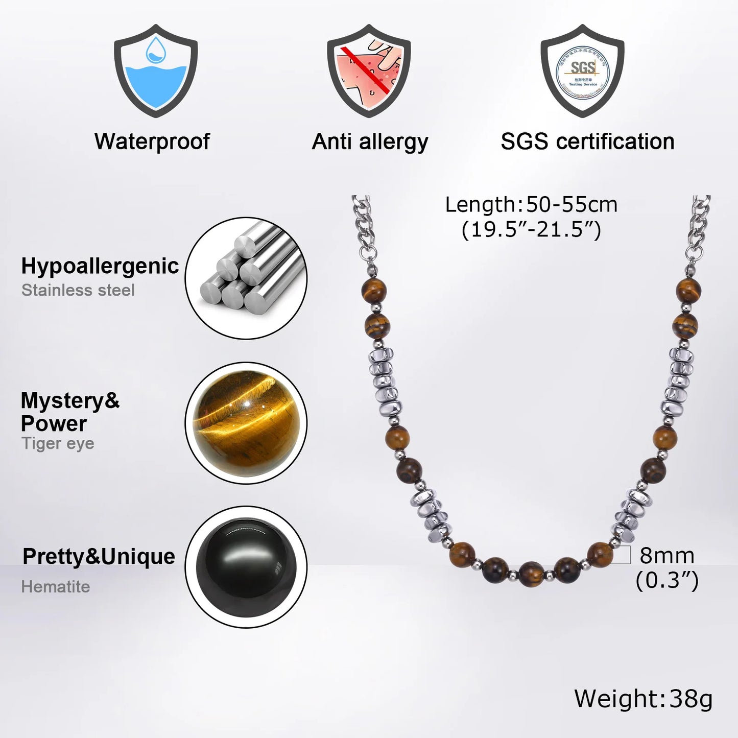 Mprainbow Mens Beaded Necklaces,Tiger Eye Stone Irregula Hematite Bead Collar,Rock Punk Necklaces