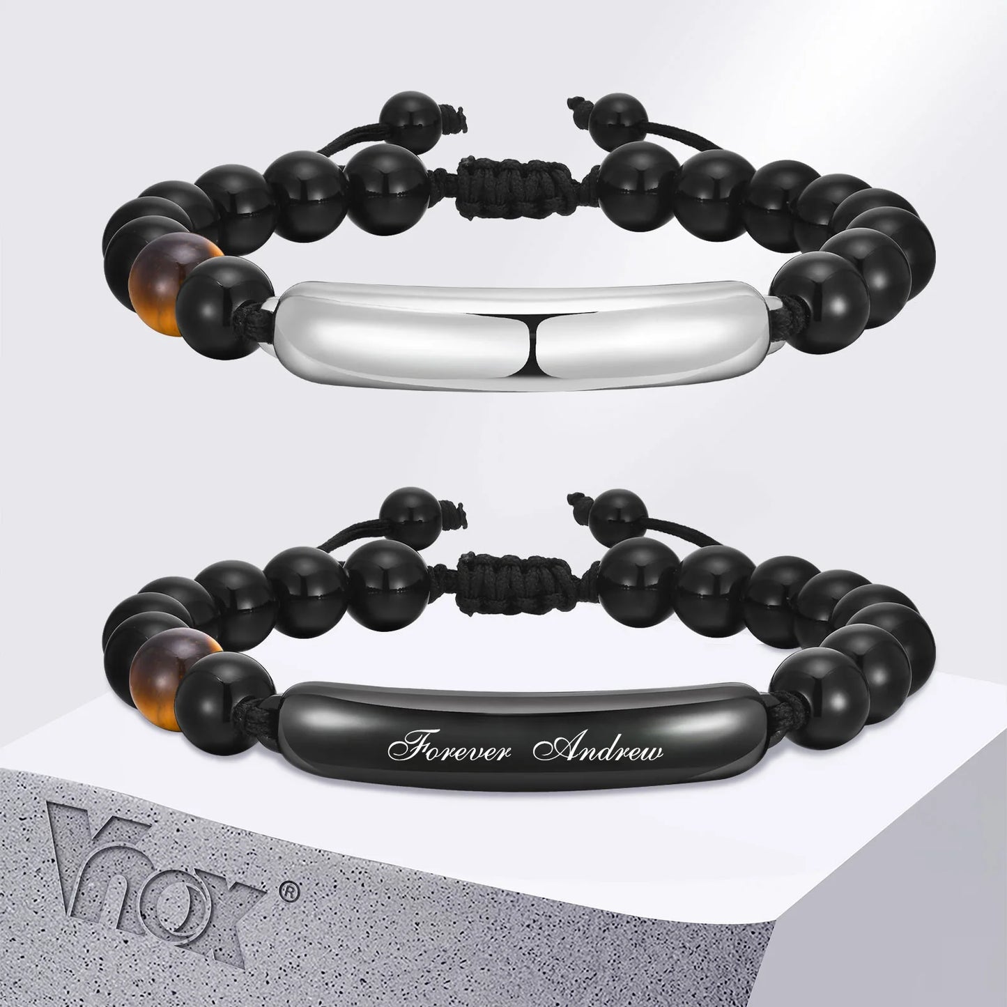 Vnox Personalized Father's Day Gift to Dad Grandpa, Free Engraving Glossy Stainless Steel Bangle,Tiger Eye Stones Stand Bracelet