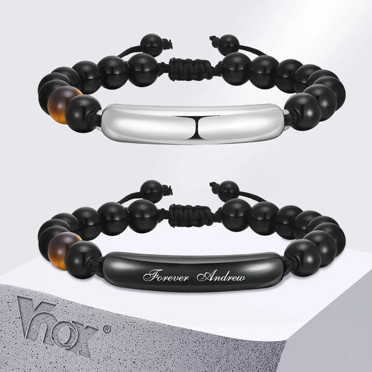 Vnox Personalized Father's Day Gift to Dad Grandpa, Free Engraving Glossy Stainless Steel Bangle,Tiger Eye Stones Stand Bracelet