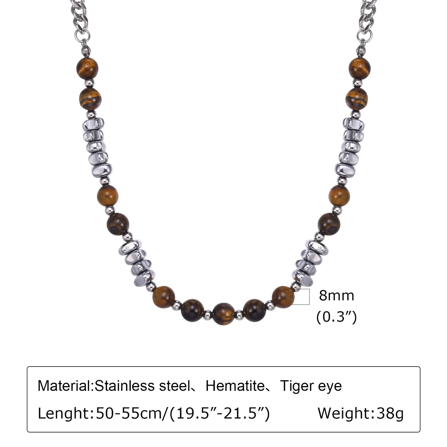 Mprainbow Mens Beaded Necklaces,Tiger Eye Stone Irregula Hematite Bead Collar,Rock Punk Necklaces