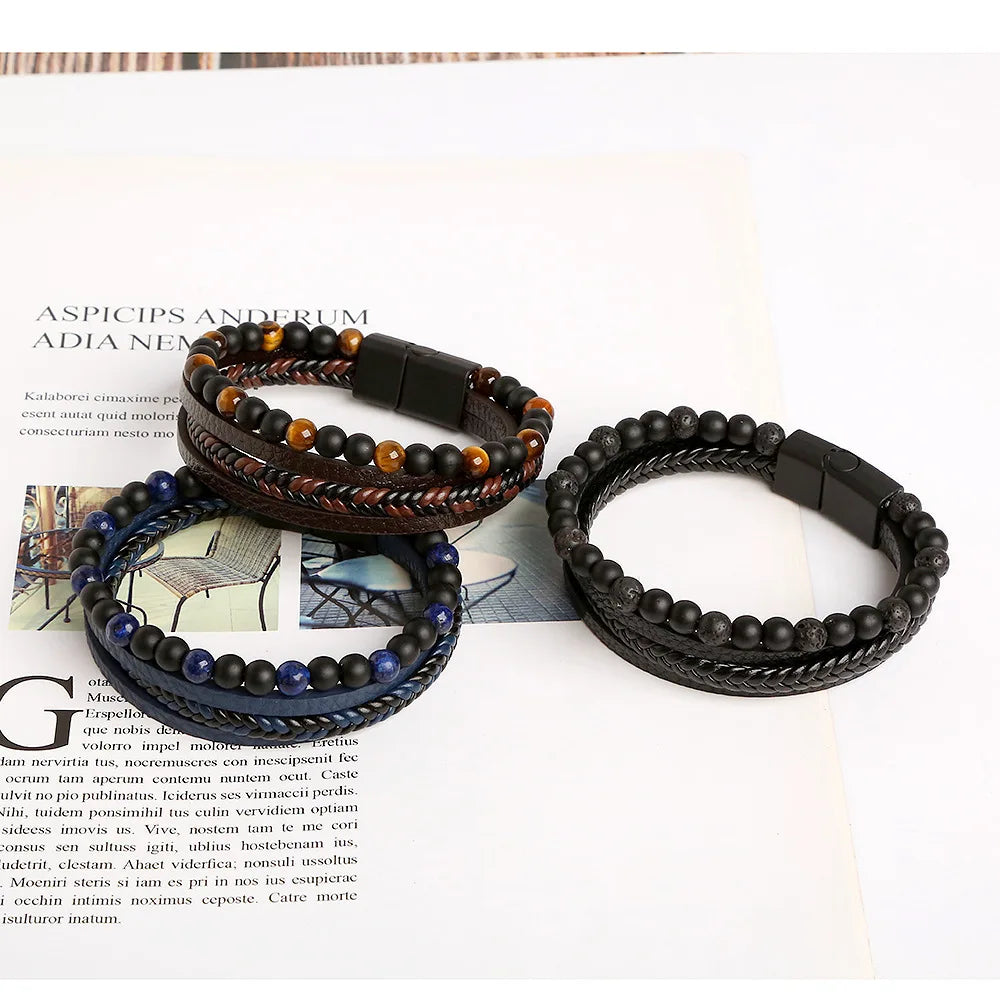 Tiger Eye Beads 4-Layer Leather Bracelets Classic Hand Braided Leather Alloy Magnetic Buckle Bracelet Men Punk Bracelet Jewelry