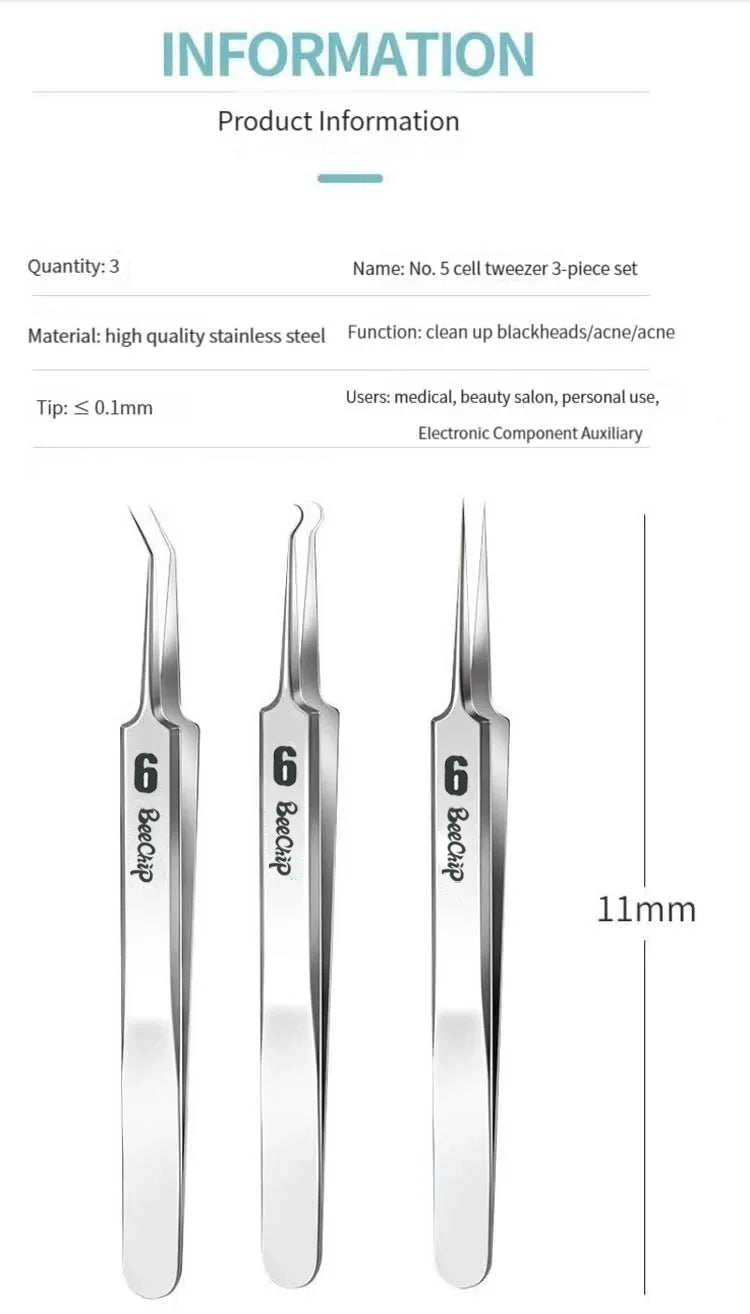 3PCS Facial Pore Cleaning Care Tools Ultra Fine Needle Tweezers Facial Care Tools Home Beauty Tools Stainless Steel Cell Clamps