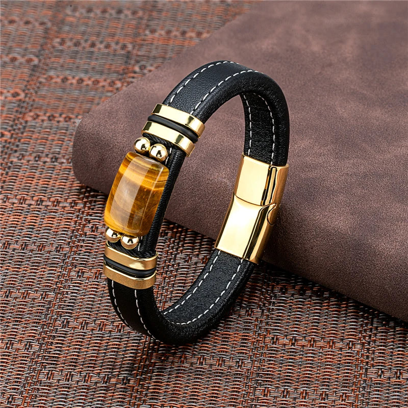 New Vintage Wind Large Semicircle Natural Tiger Eye Stainless Steel Casual Collocation Black Wide Leather Rope Men's Bracelet