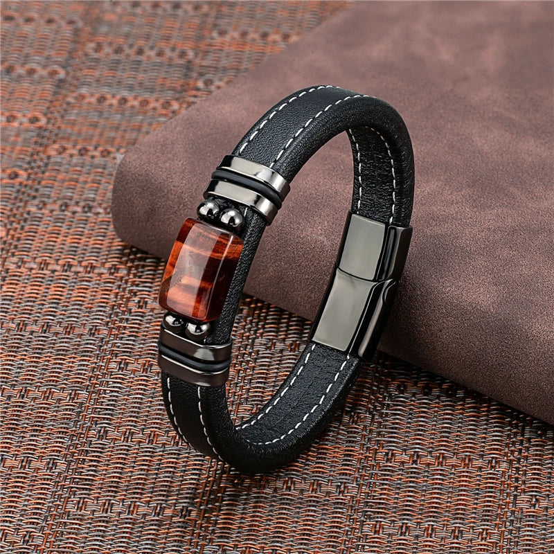 New Vintage Wind Large Semicircle Natural Tiger Eye Stainless Steel Casual Collocation Black Wide Leather Rope Men's Bracelet