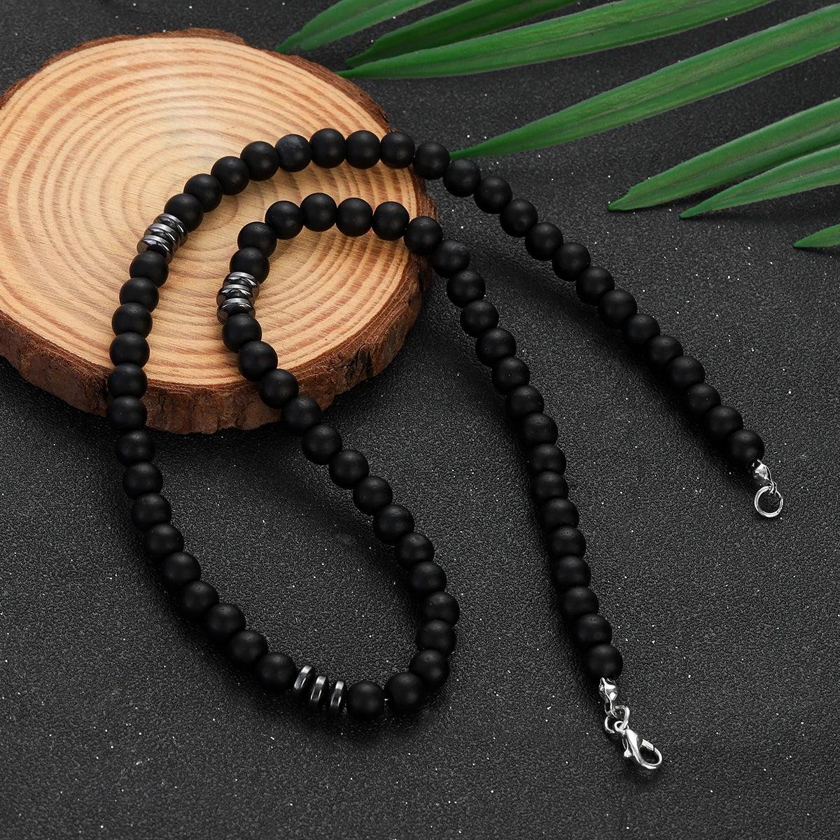 Natural Frosted Stone Beaded Necklace Men Jewelry Simple Handmade Hematite Necklace Gift for Boyfriend Black Chokers