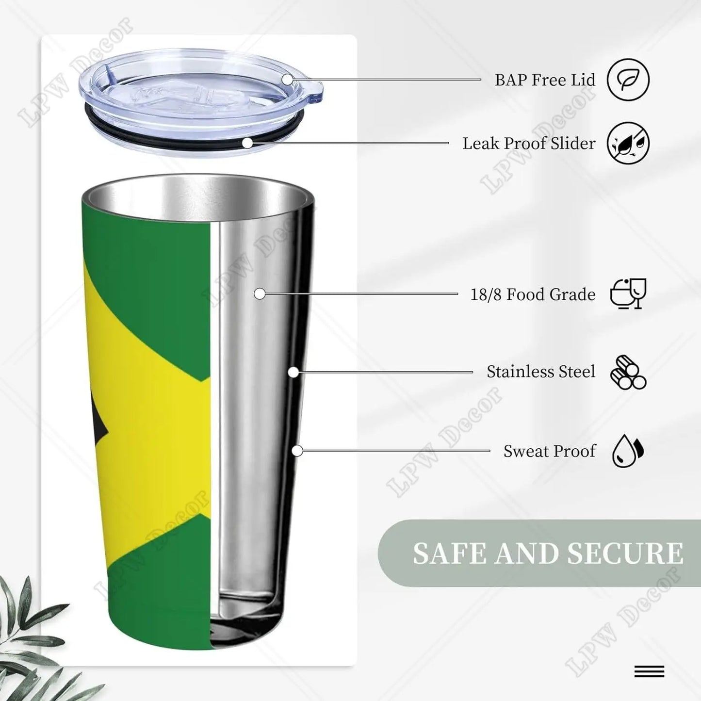 Jamaican Flag Stainless Steel Tumbler Travel Cup 20 Oz Insulated Coffee Mug with Splash Proof  Cleaning Brush for Home Outdoor