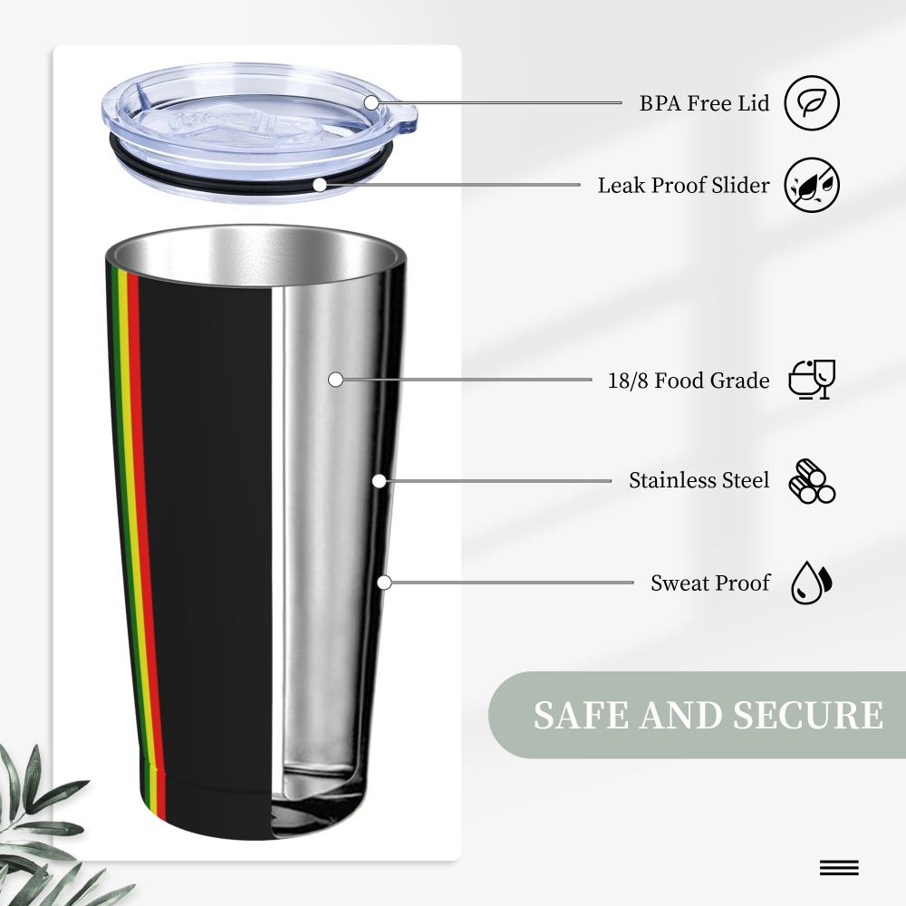 Rasta Stripe Color Tumbler Vacuum Insulated Reggae Jamaican Jamaica Proud Thermal Cup with Lid Straw Mug Water Bottle, 20oz