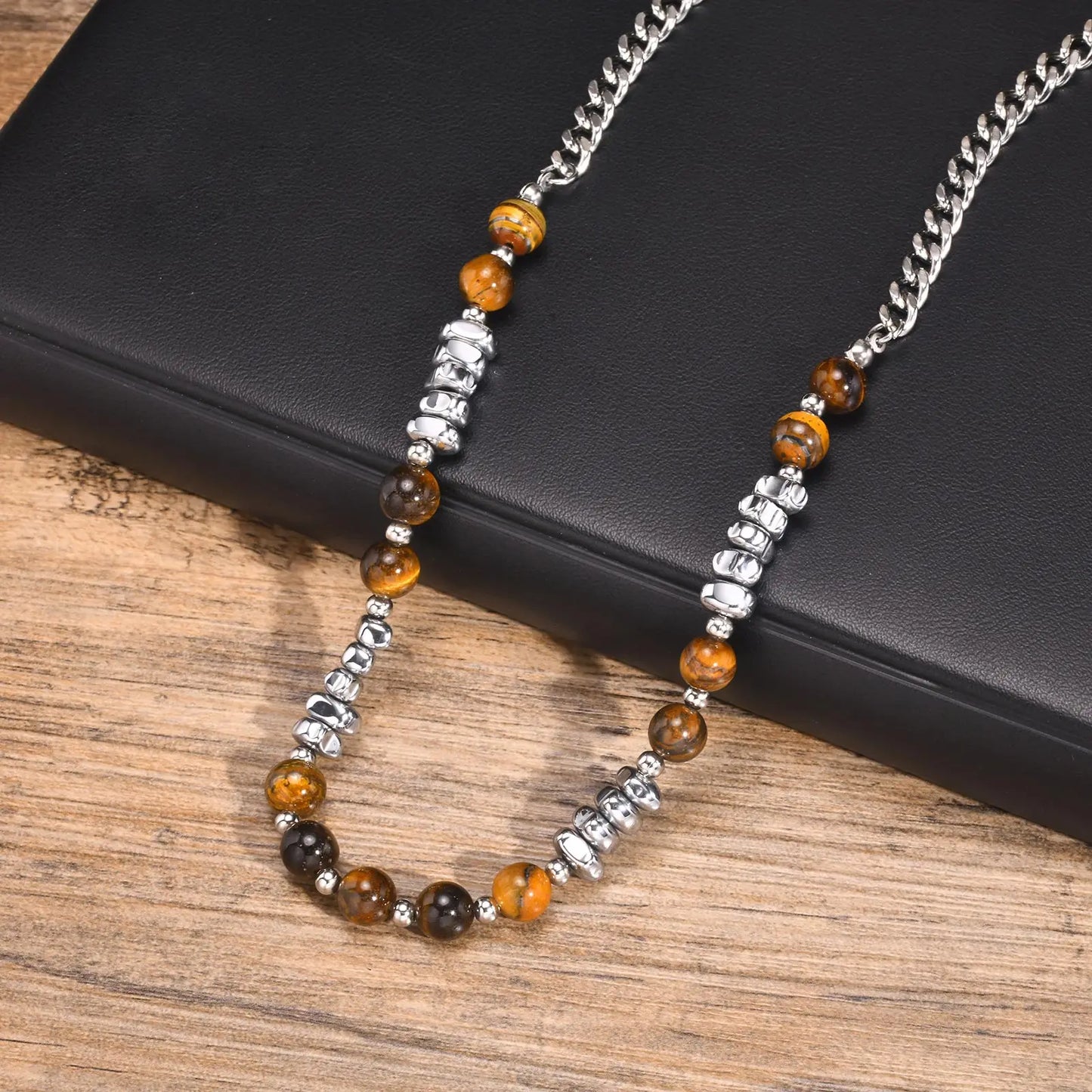 Mprainbow Mens Beaded Necklaces,Tiger Eye Stone Irregula Hematite Bead Collar,Rock Punk Necklaces