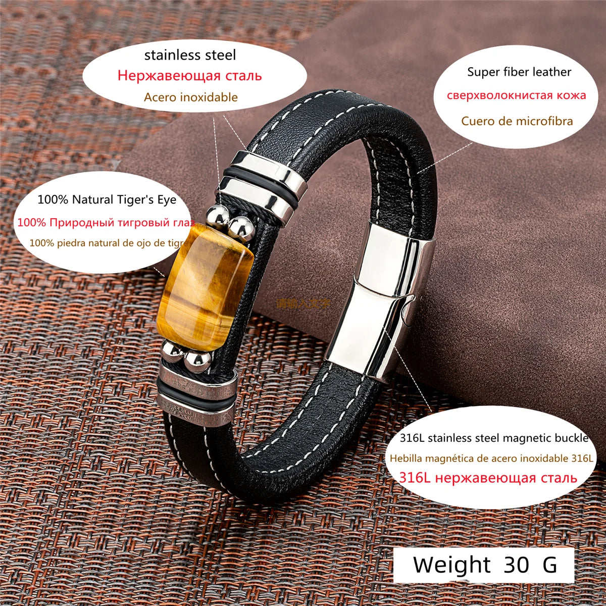 New Vintage Wind Large Semicircle Natural Tiger Eye Stainless Steel Casual Collocation Black Wide Leather Rope Men's Bracelet