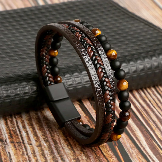 Tiger Eye Beads 4-Layer Leather Bracelets Classic Hand Braided Leather Alloy Magnetic Buckle Bracelet Men Punk Bracelet Jewelry