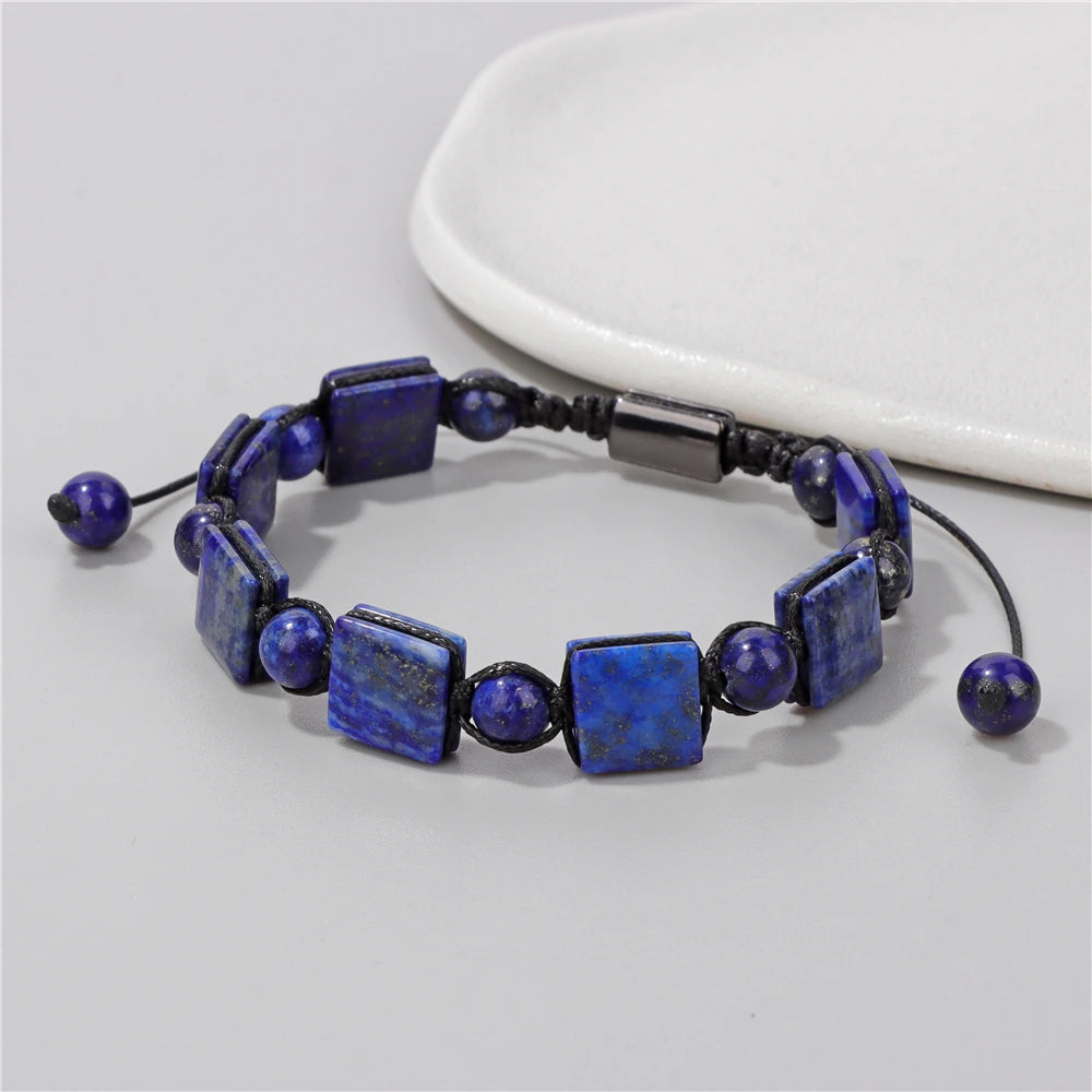 Natural Stone Bracelet Square Shape Lapis lazuli Tiger Eye Labradorite Beads Bracelets Adjustable for Women Men Jewelry Gift