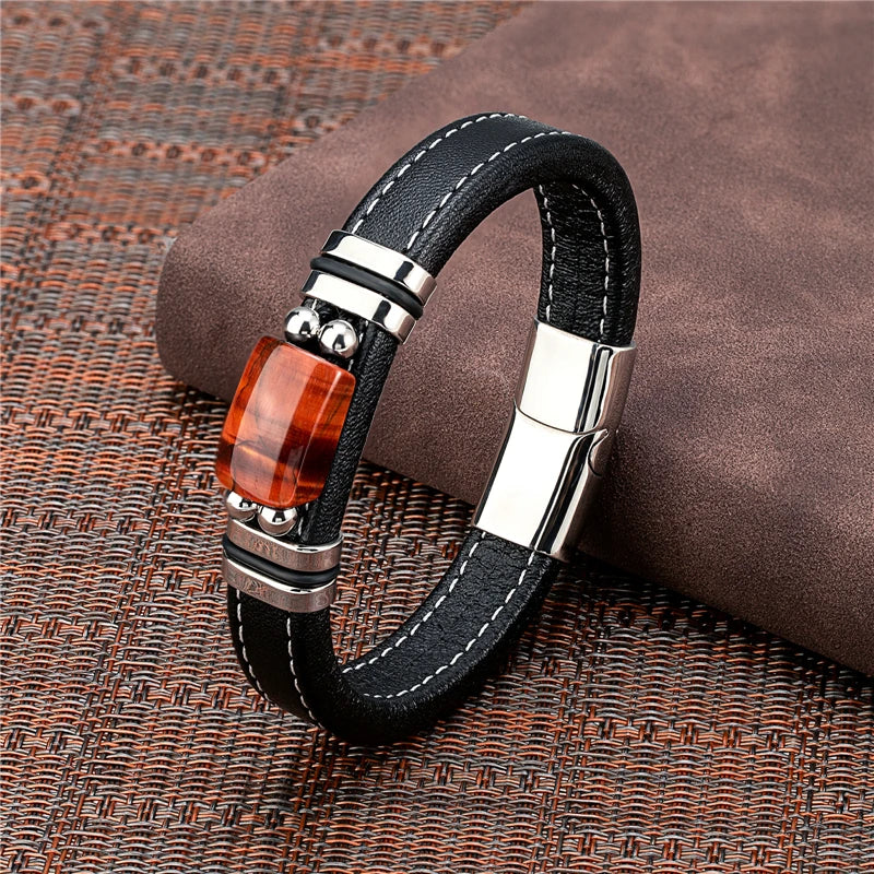 New Vintage Wind Large Semicircle Natural Tiger Eye Stainless Steel Casual Collocation Black Wide Leather Rope Men's Bracelet