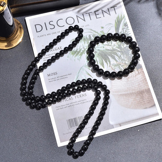 8mm Black Onyx Bead Necklace 10mm Bracelet Set Men and Women Beaded Choker Long Necklace Jewelry