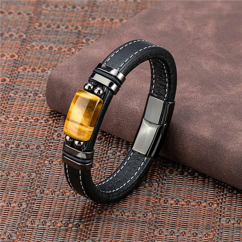 New Vintage Wind Large Semicircle Natural Tiger Eye Stainless Steel Casual Collocation Black Wide Leather Rope Men's Bracelet