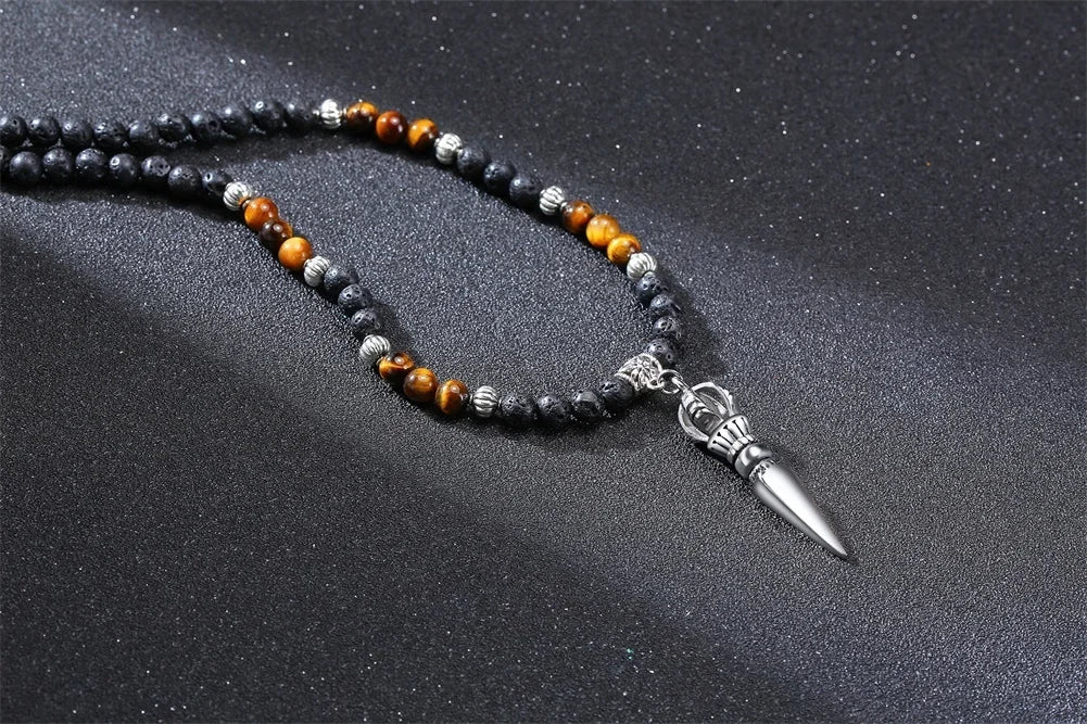 TIBETAN BUDDHIST PHURBA KILAYA THE MAGIC DAGGER WITHTIGER’S EYE LAVA STONE NECKLACE FOR MEN JEWELRY