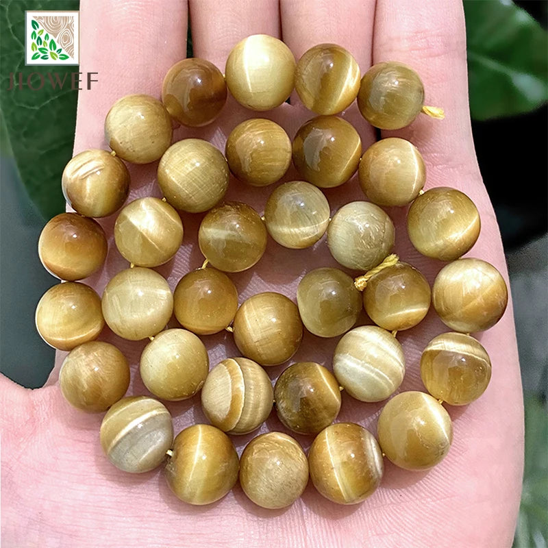 Natural Stone Smooth Gold Tiger Eye Stone Round Beads DIY Handmade Charms Bracelet for Jewelry Making 15" Chains  6 8 10 12MM