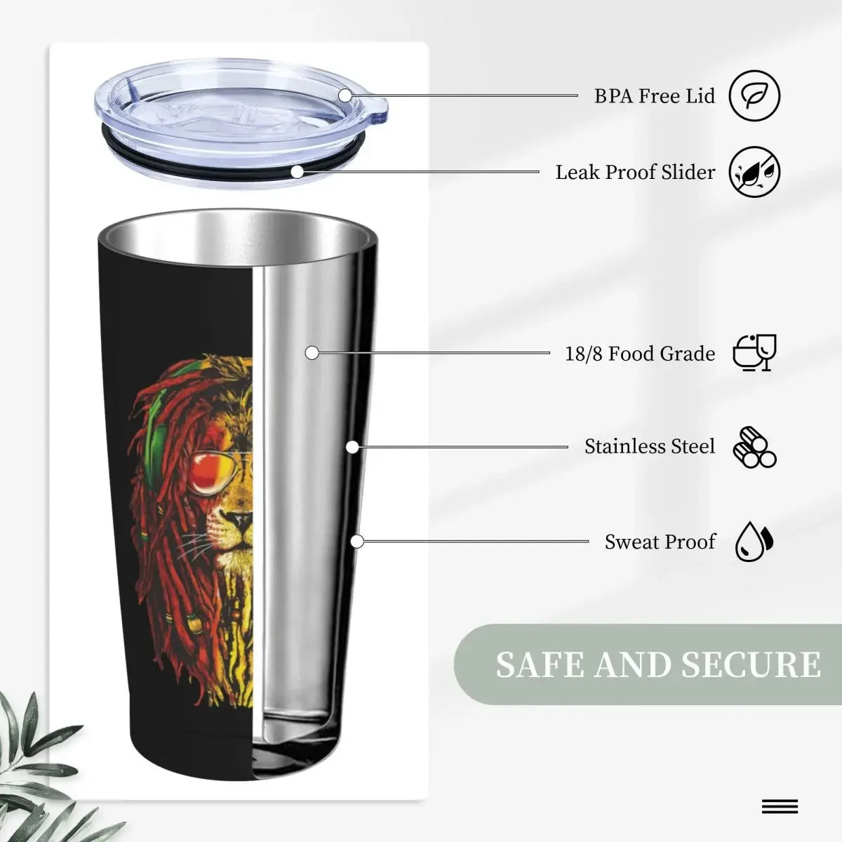 Rasta Lion Insulated Tumbler with Lid Judah Rasta Jamaican Reggae Vacuum Thermal Mug Office Home Hot Cold Drinks Cups, 20oz